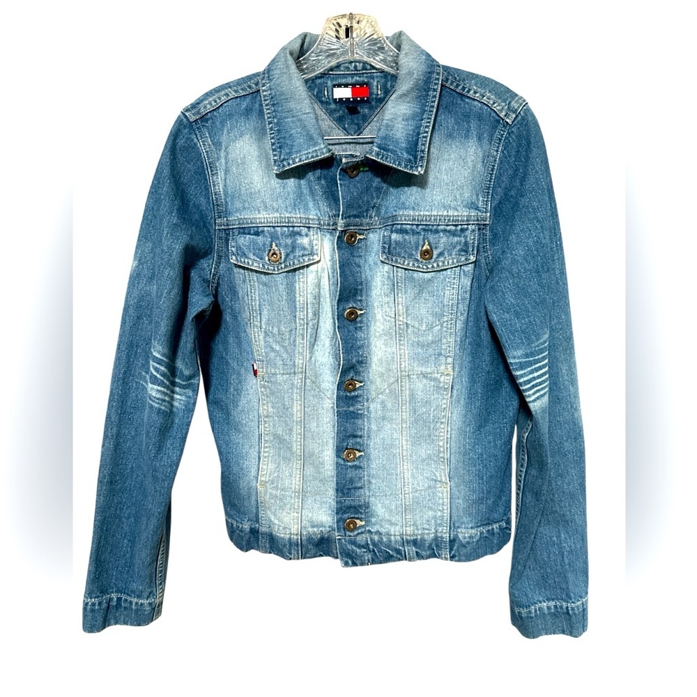 Vintage Tommy Jeans Women's Blue Optic Wash Denim Trucker Jacket